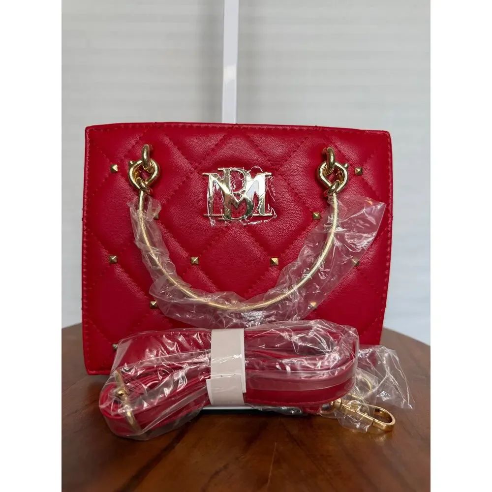 Badgley Mischka Red Quilted Studded Top Handle Satchel Crossbody NWT $129